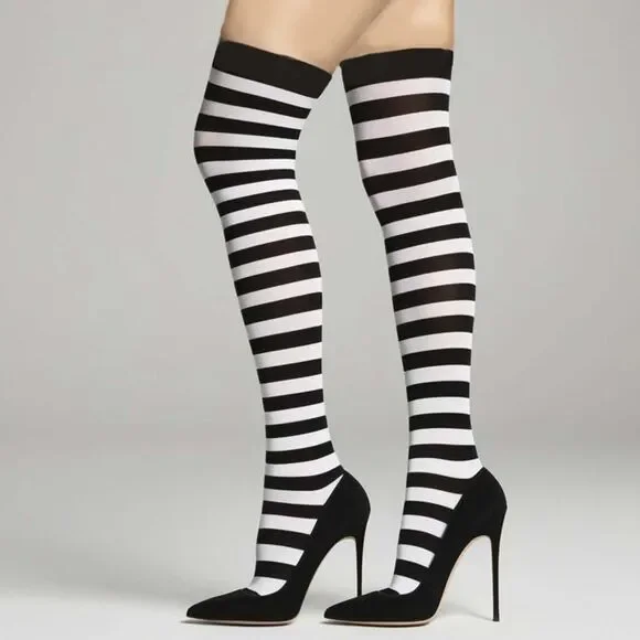 Striped Stockings Womens OS One Size Black and White Thigh High Novelty Hosiery - Picture 5 of 9